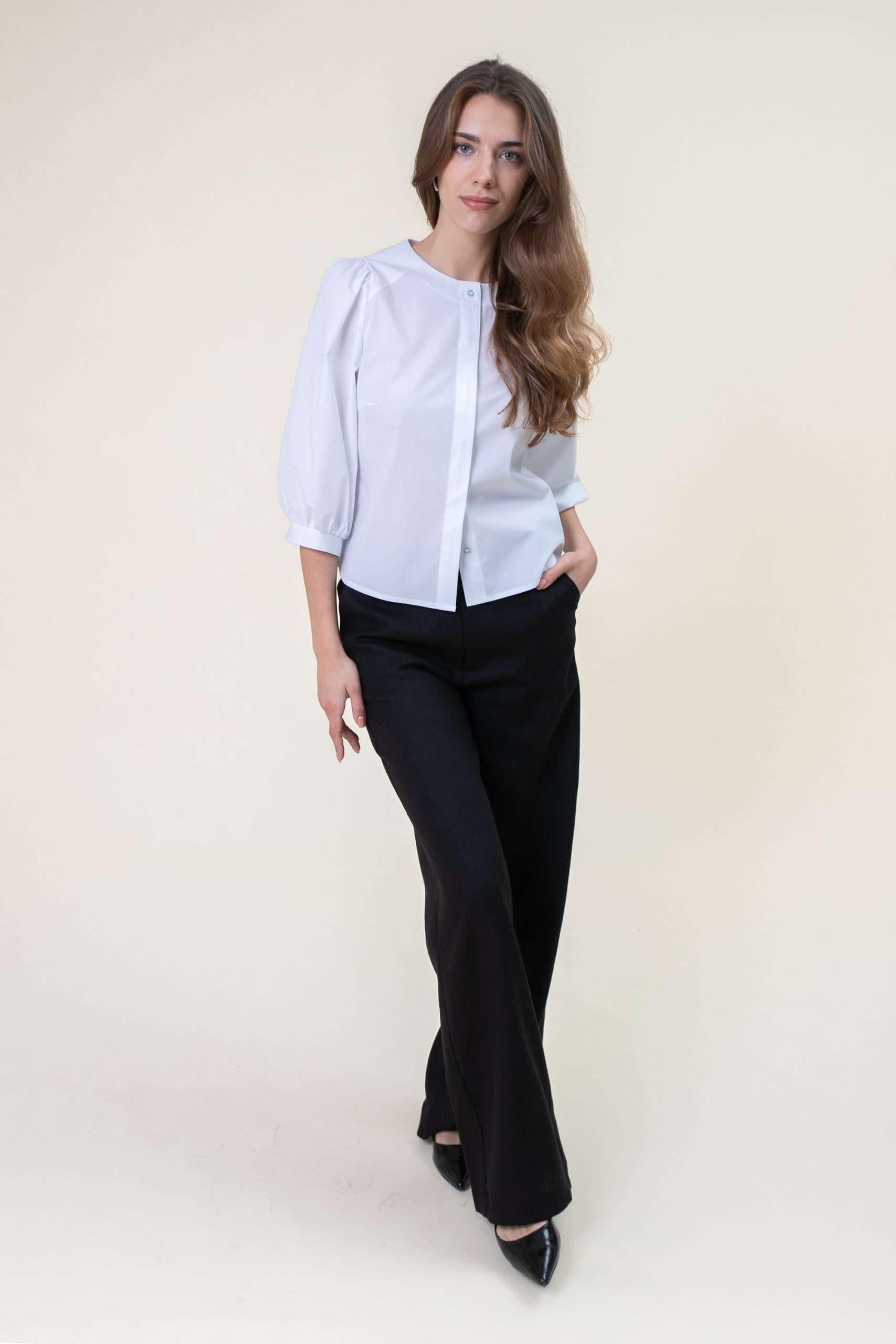 Cotton Poplin Puff Sleeve Blouse In White front view.jpg