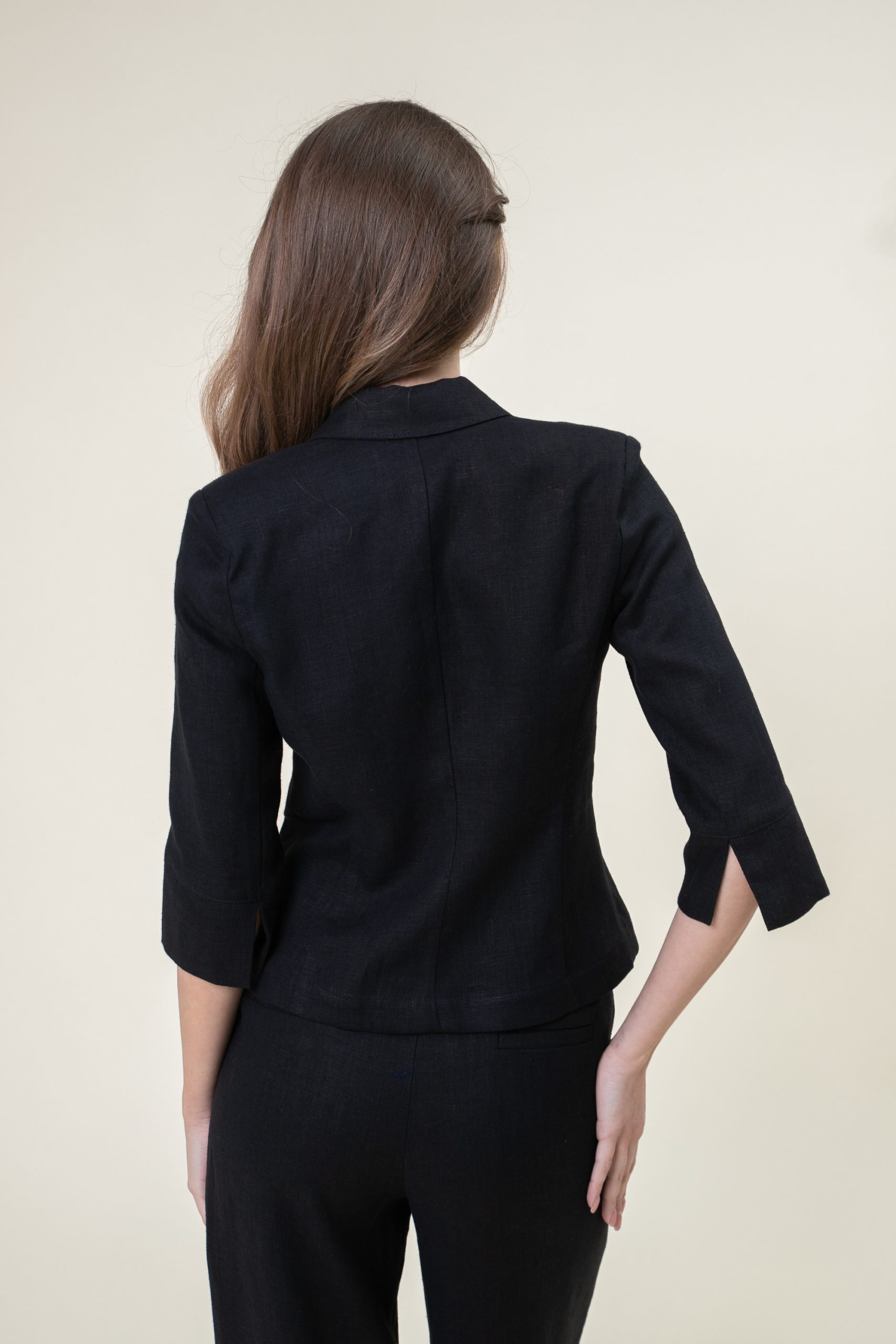 Cropped Linen Blazer In Black back view