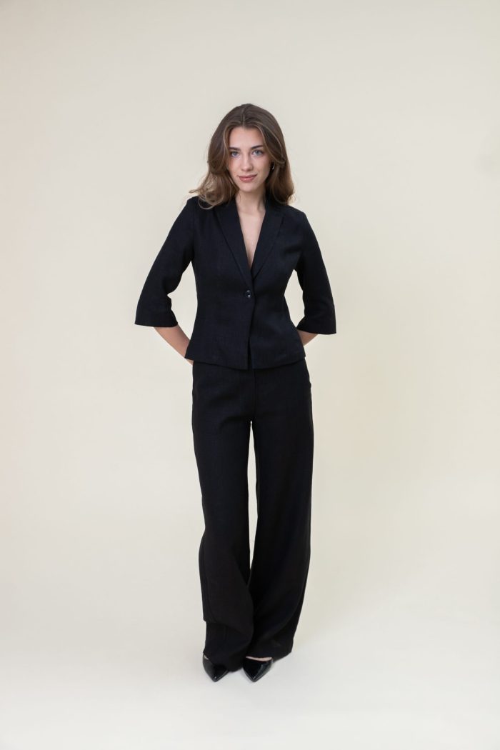 Cropped Linen Blazer In Black front view Cropped Linen Blazer In Black front view