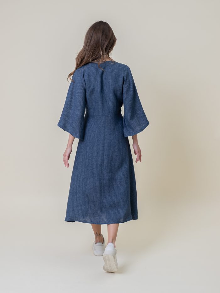 Linen Wrap Midi Stripe Dress Jeans Blue back view Linen Wrap Midi Stripe Dress Jeans Blue back view
