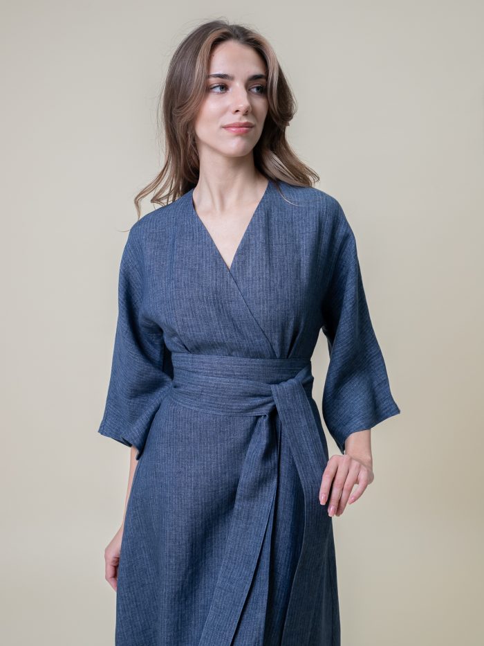 Linen Wrap Midi Stripe Dress Jeans Blue closer front view Linen Wrap Midi Stripe Dress Jeans Blue closer front view