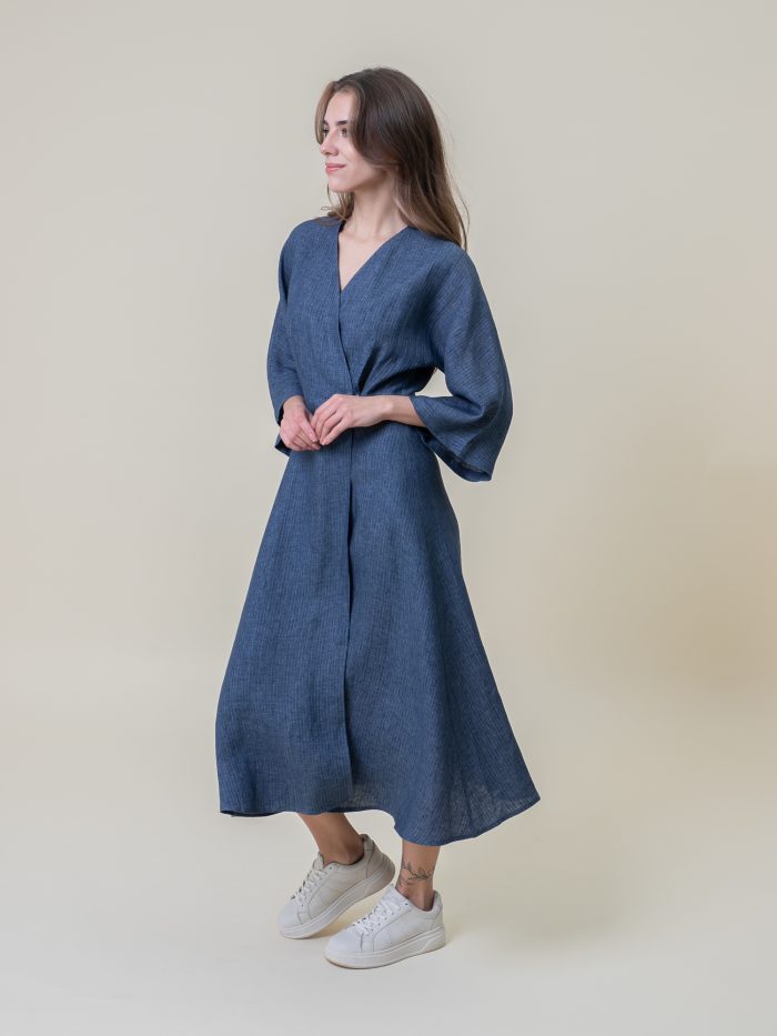 Linen Wrap Midi Stripe Dress Jeans Blue side view Linen Wrap Midi Stripe Dress Jeans Blue side view