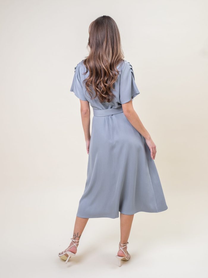 Midi Viscose Drape Dress In Grey back view Midi Viscose Drape Dress In Grey back view