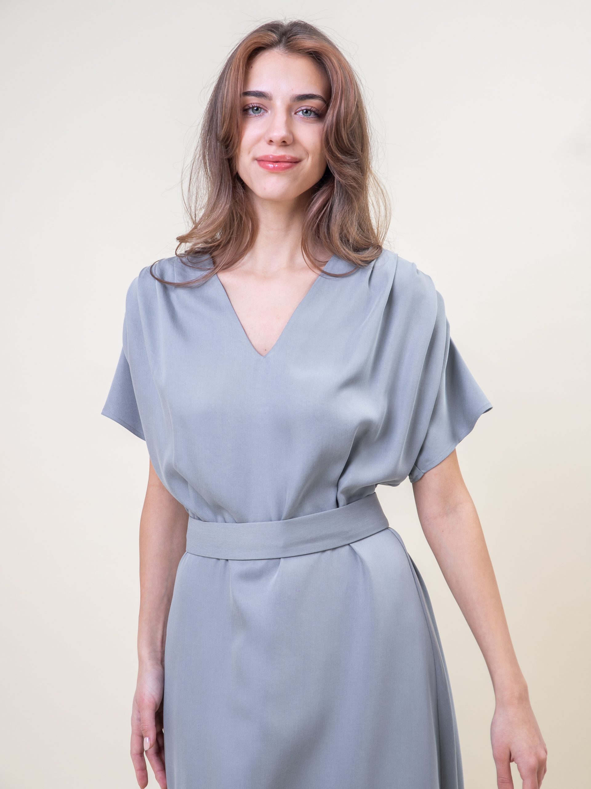 Midi Viscose Drape Dress In Grey close view