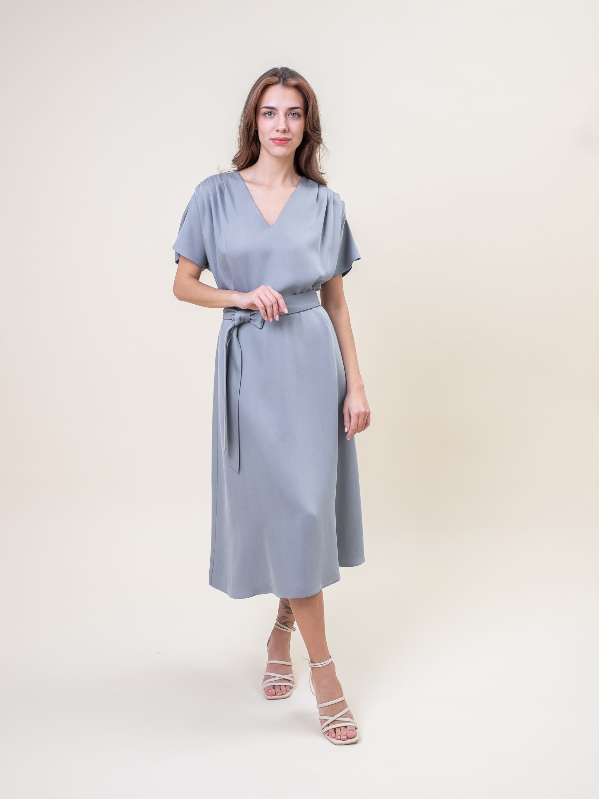 Midi Viscose Drape Dress In Grey front view