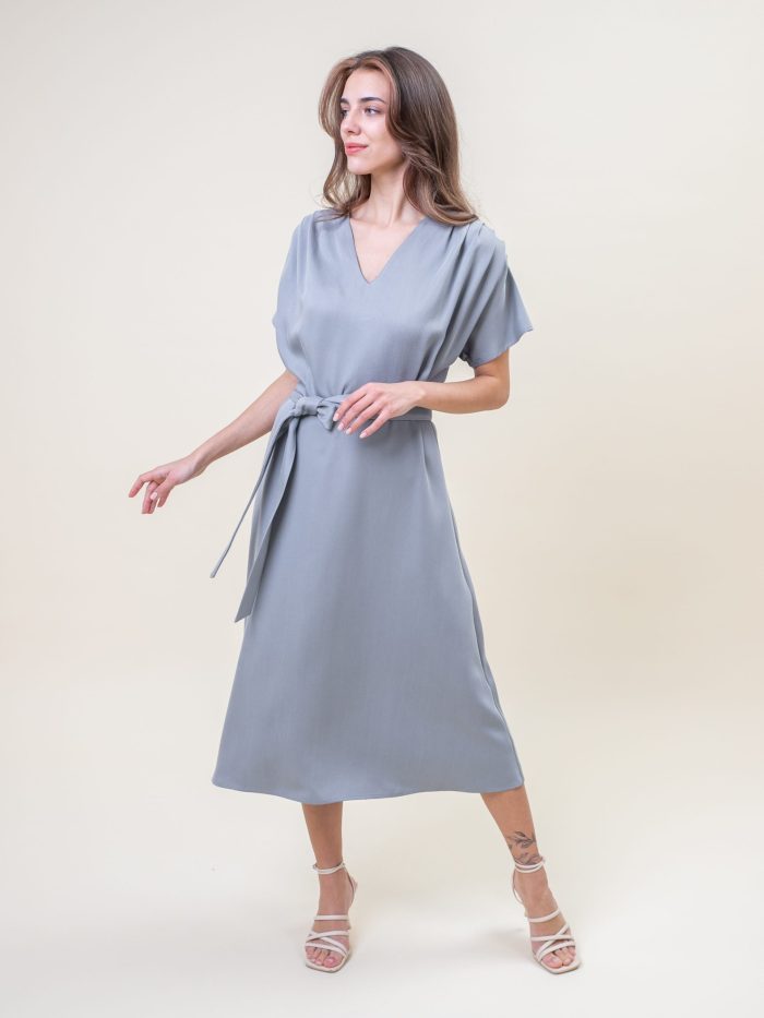Midi Viscose Drape Dress In Grey motion view Midi Viscose Drape Dress In Grey motion view