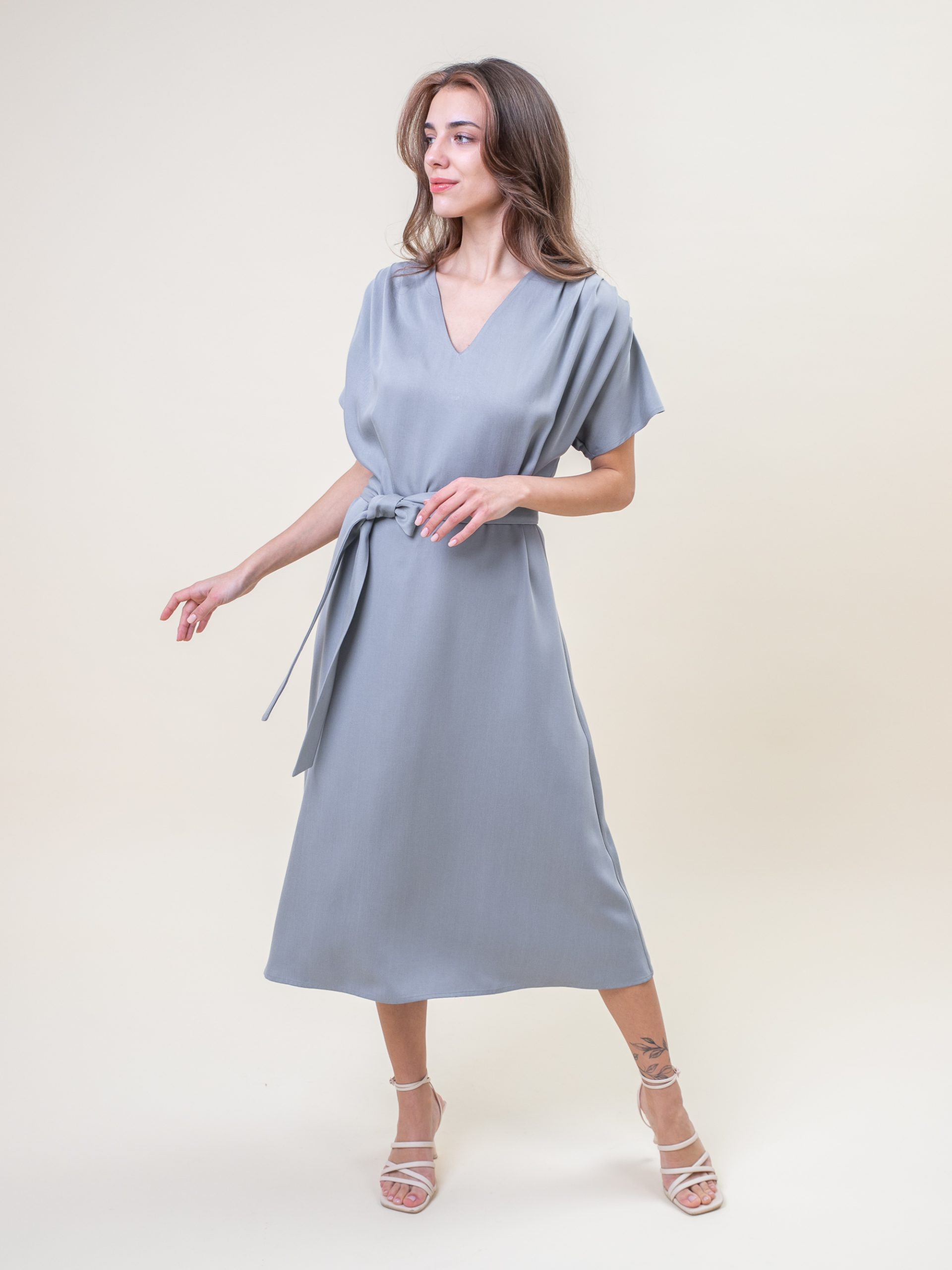 Midi Viscose Drape Dress In Grey motion view