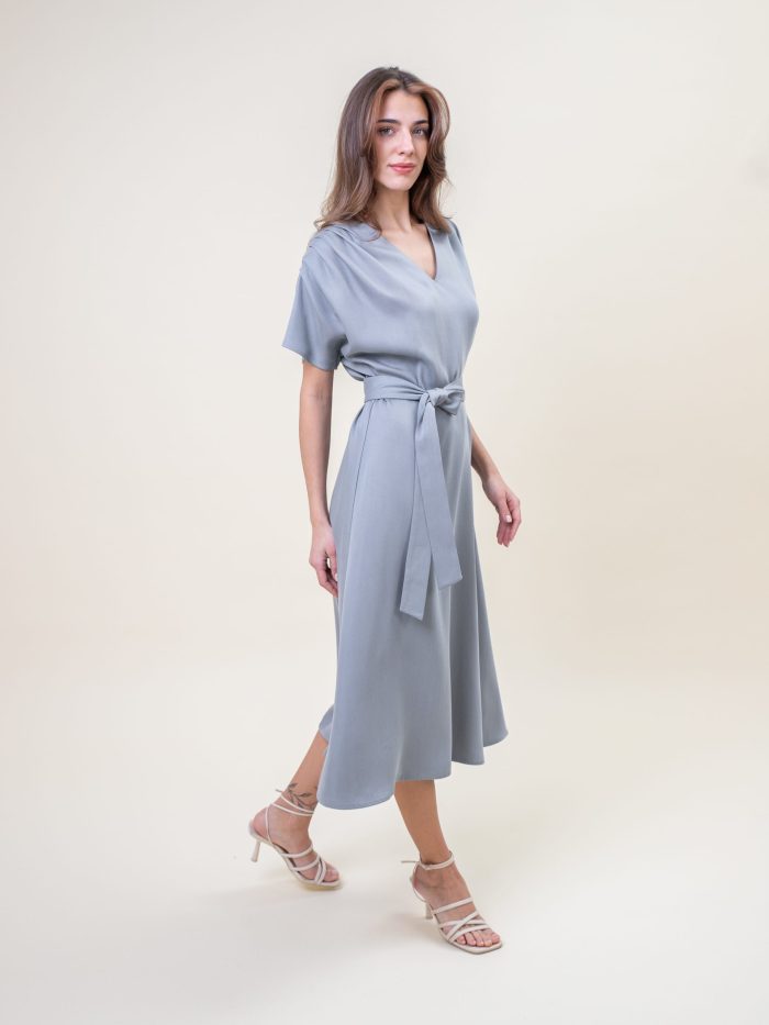 Midi Viscose Drape Dress In Grey side view Midi Viscose Drape Dress In Grey side view