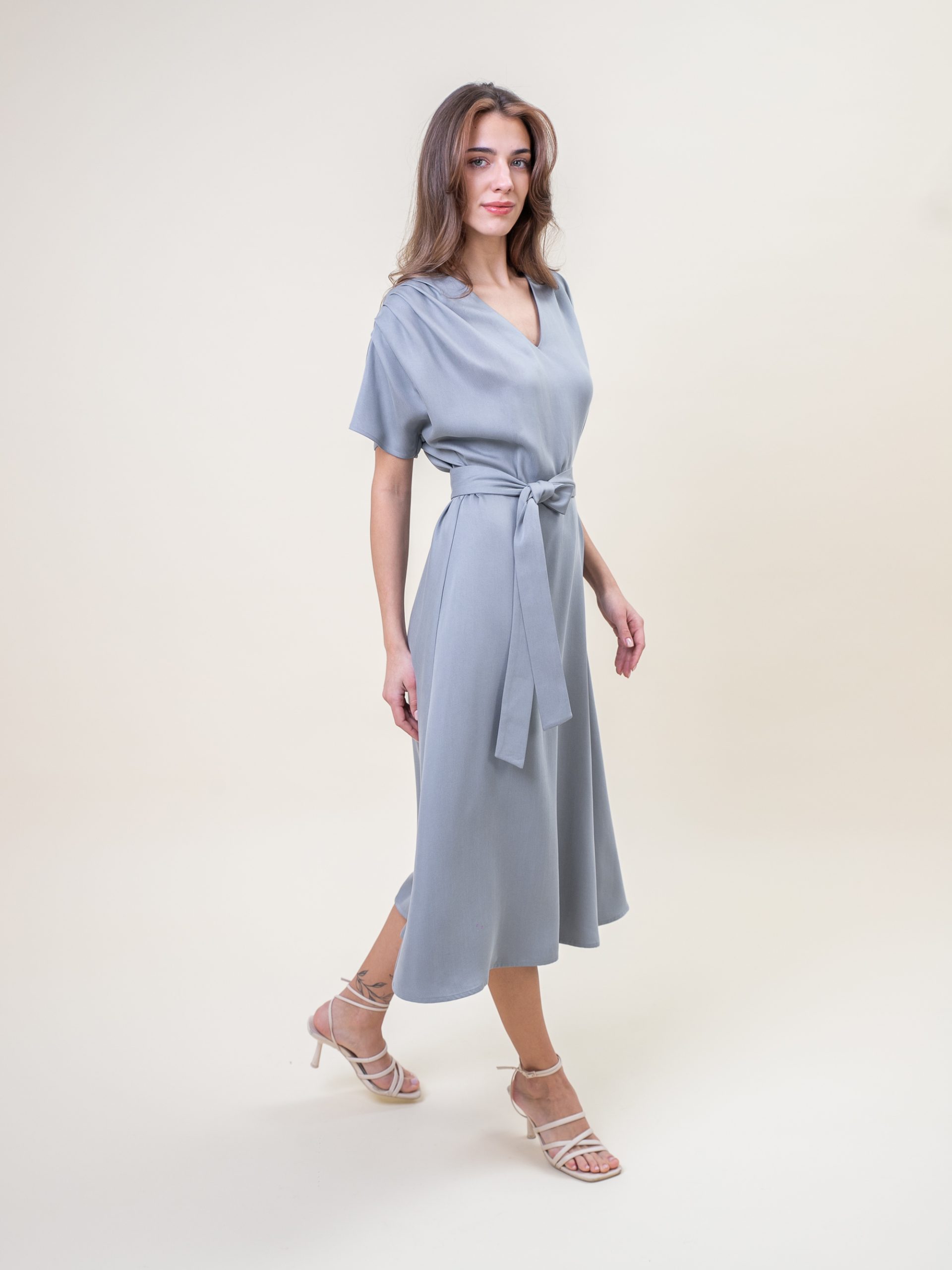 Midi Viscose Drape Dress In Grey side view