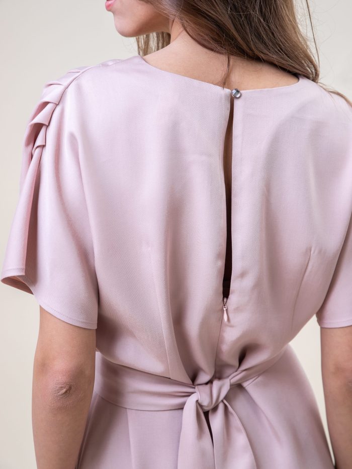 Midi Viscose Drape Dress In Pink close back view Midi Viscose Drape Dress In Pink close back view