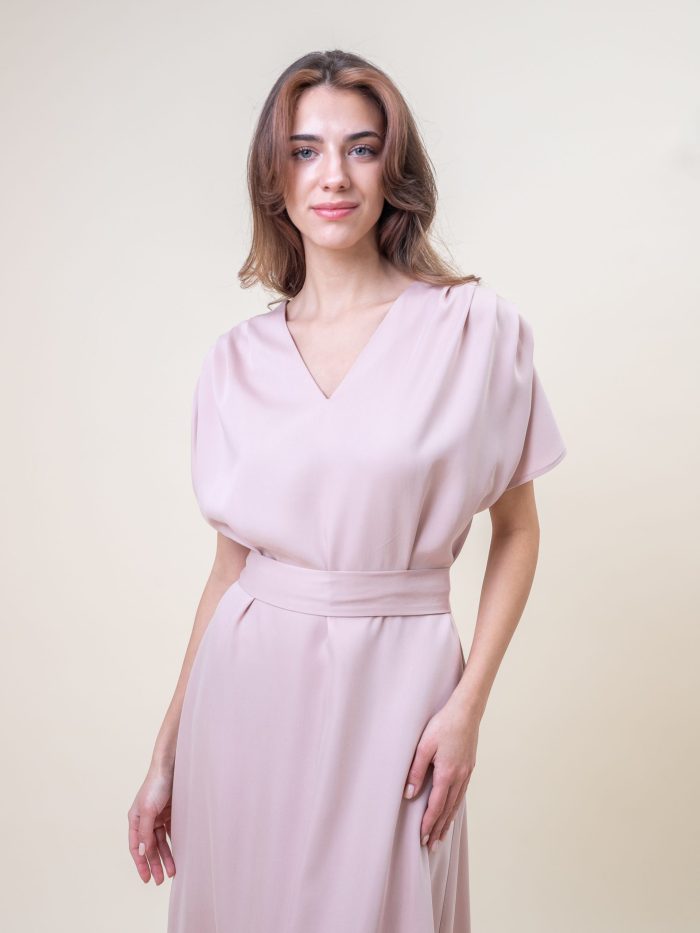 Midi Viscose Drape Dress In Pink close view Midi Viscose Drape Dress In Pink close view