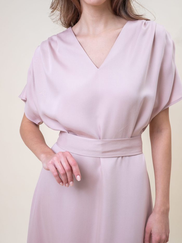 Midi Viscose Drape Dress In Pink closeup view Midi Viscose Drape Dress In Pink closeup view
