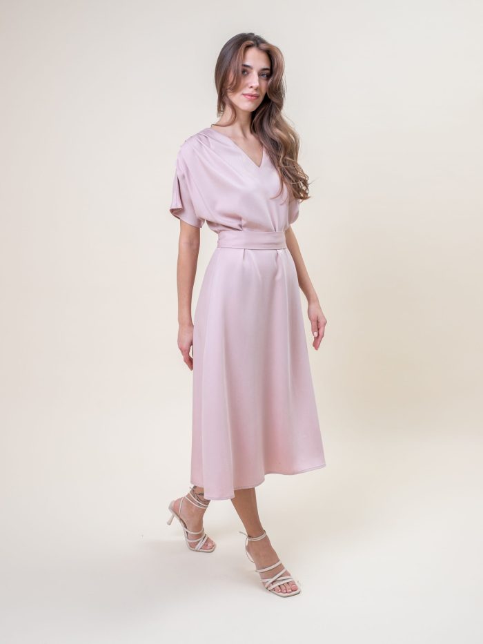 Midi Viscose Drape Dress In Pink side view Midi Viscose Drape Dress In Pink side view