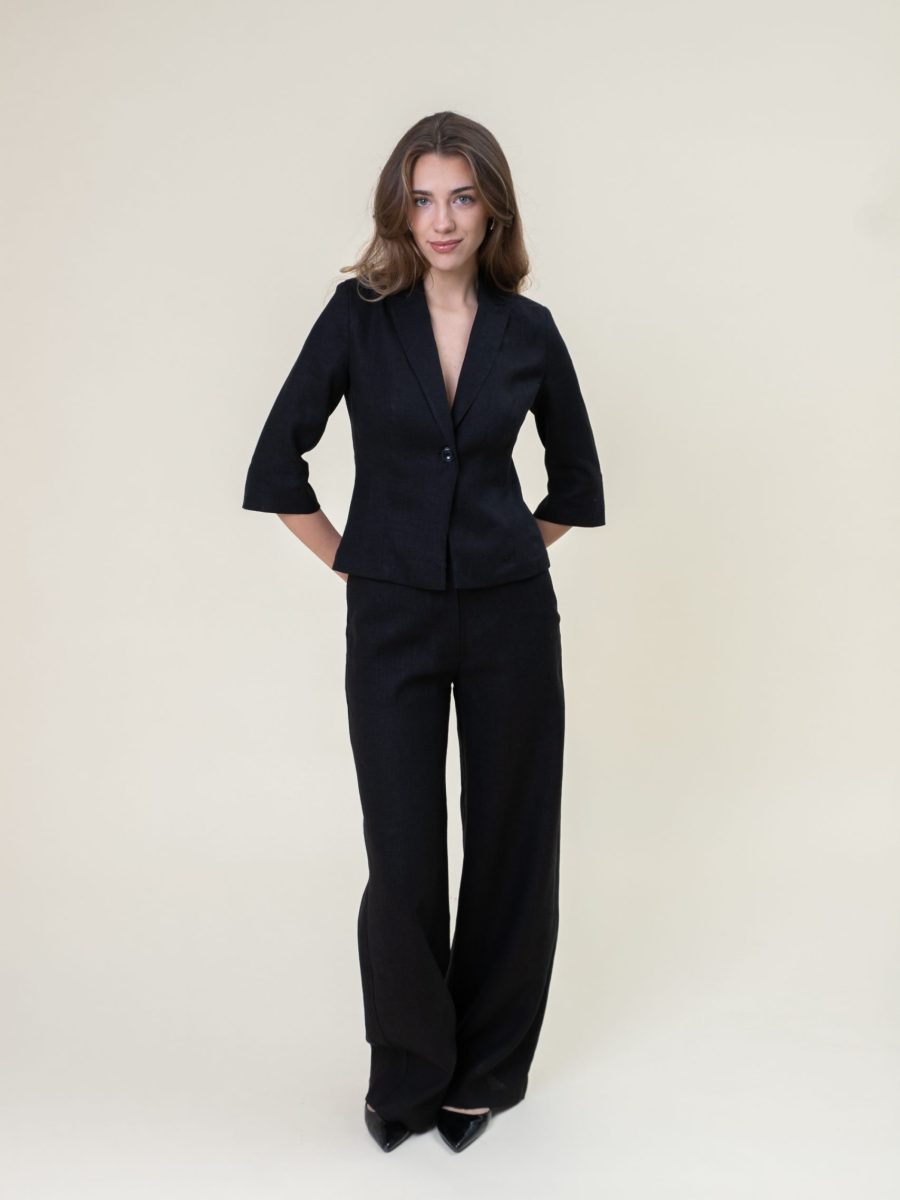 Relaxed Straight Linen Pants In Black front view