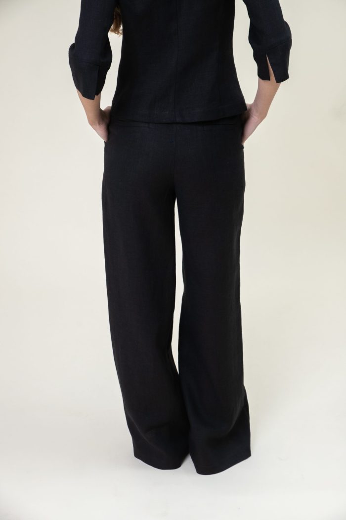 Relaxed Straight Linen Pants In Black low back view Relaxed Straight Linen Pants In Black low back view