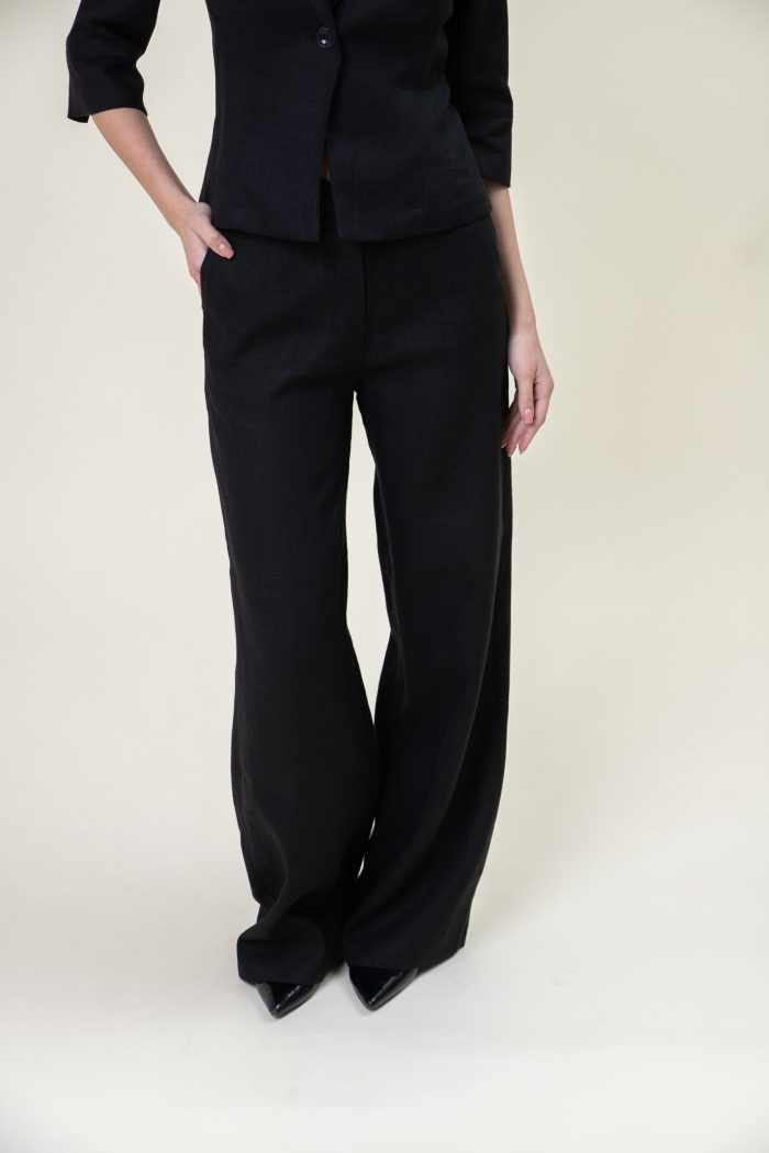 Relaxed Straight Linen Pants In Black low front view Relaxed Straight Linen Pants In Black low front view