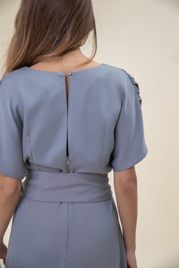 Ruffled Midi Drape Dress In Light Grey back close view Ruffled Midi Drape Dress In Light Grey back close view