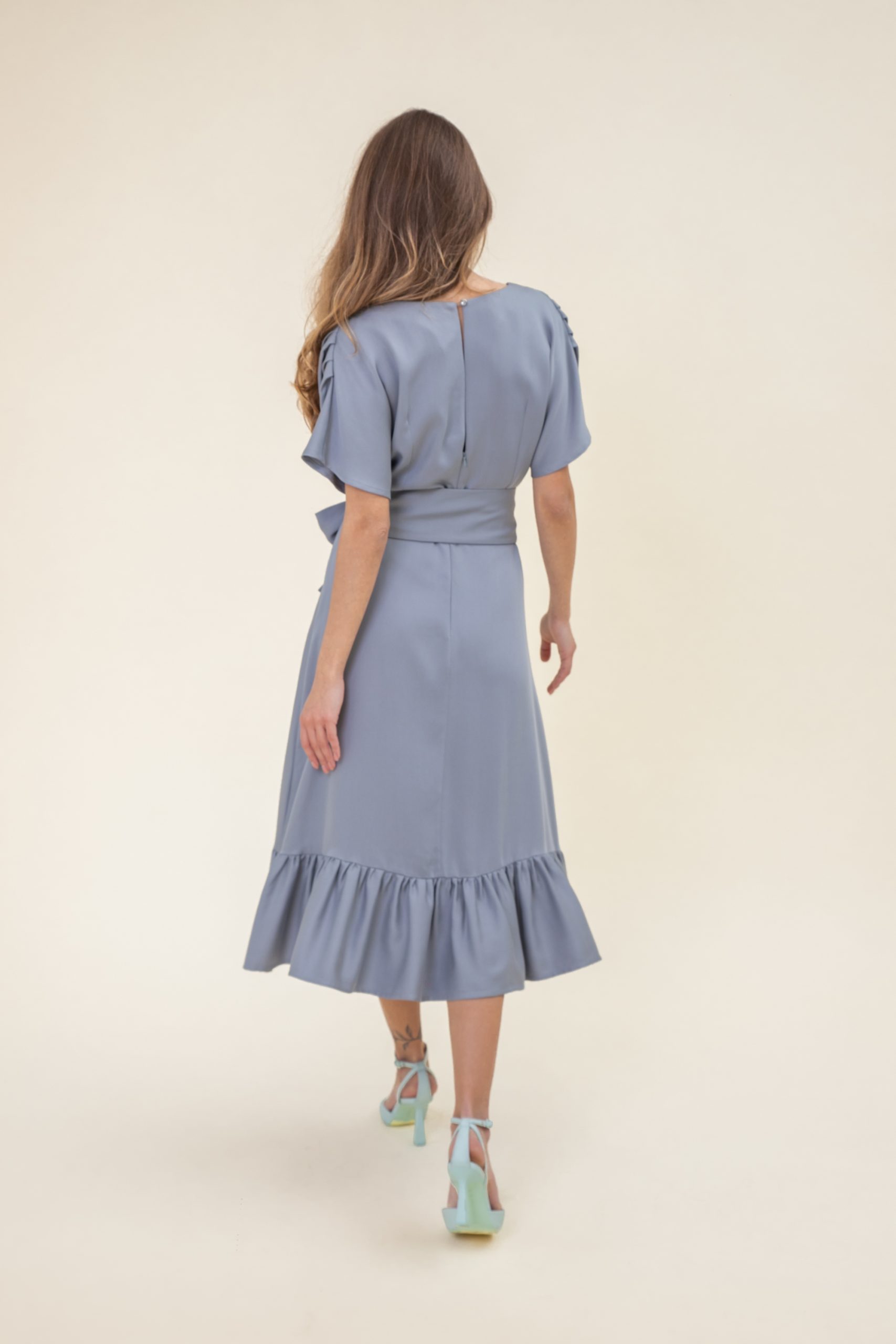 Ruffled Midi Drape Dress In Light Grey back view