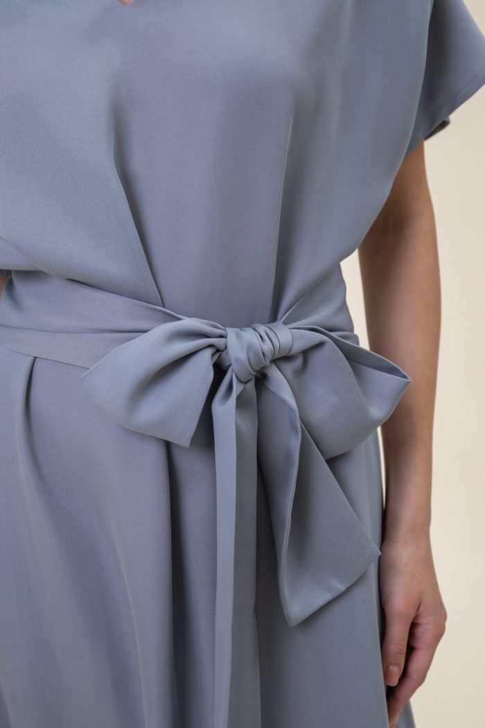Ruffled Midi Drape Dress In Light Grey bow view Ruffled Midi Drape Dress In Light Grey bow view