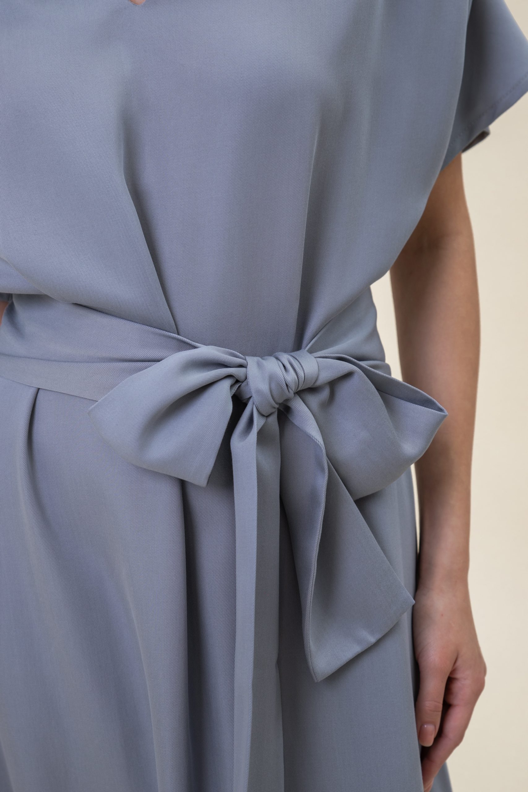 Ruffled Midi Drape Dress In Light Grey bow view