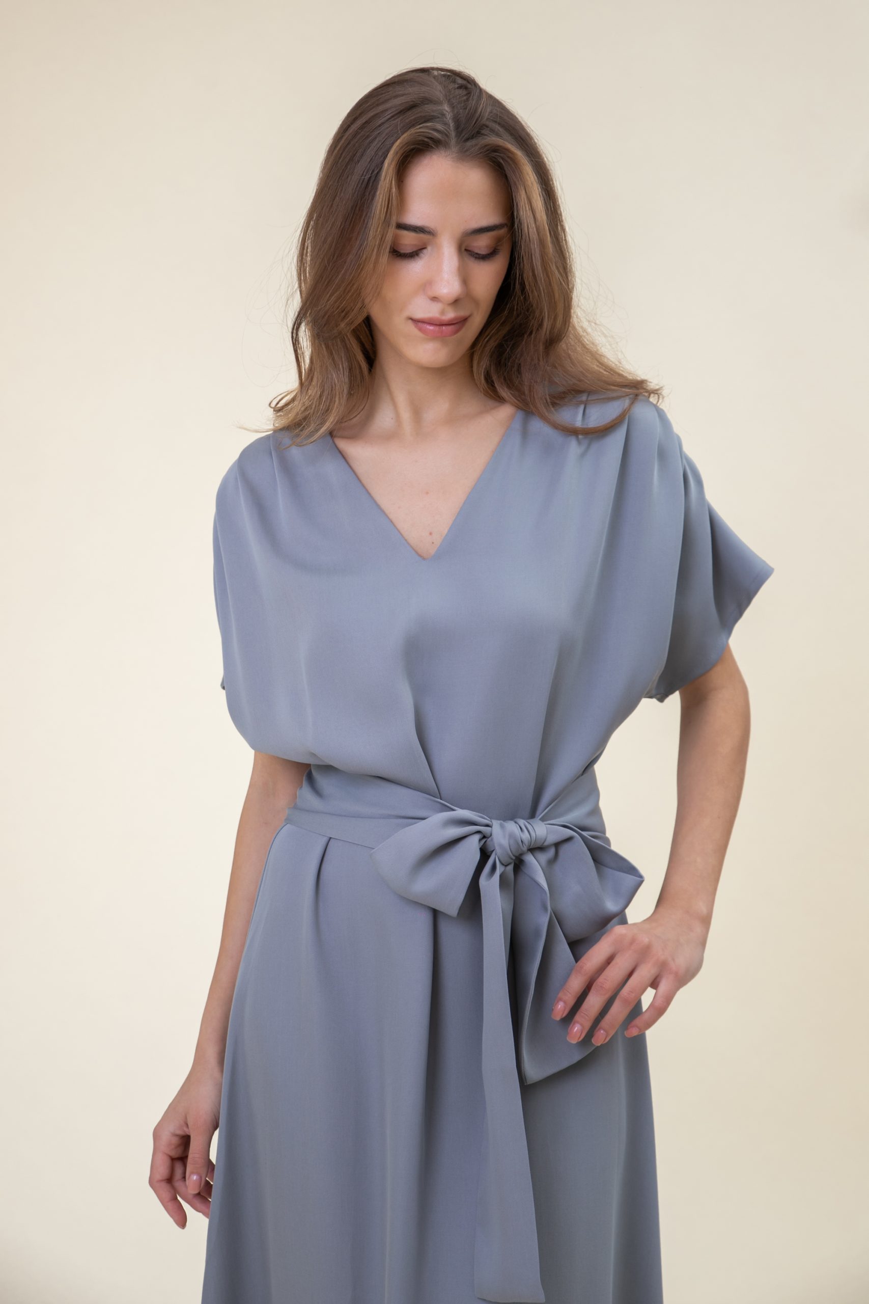 Ruffled Midi Drape Dress In Light Grey front closer view