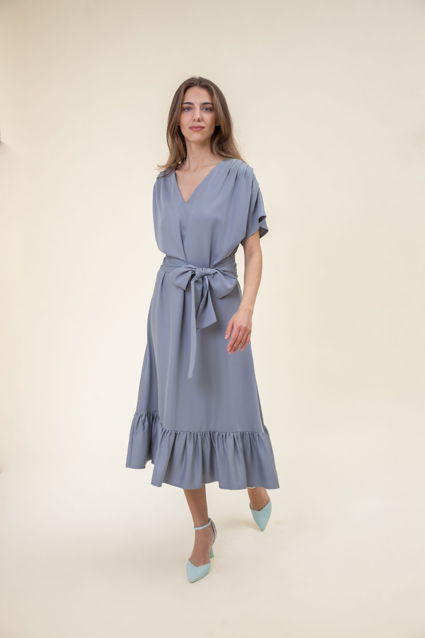 Ruffled Midi Drape Dress In Light Grey front view