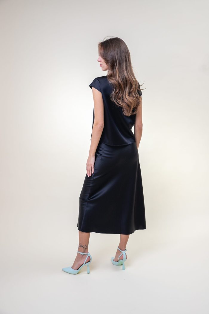 Silk Satin Midi Skirt In Black back view Silk Satin Midi Skirt In Black back view