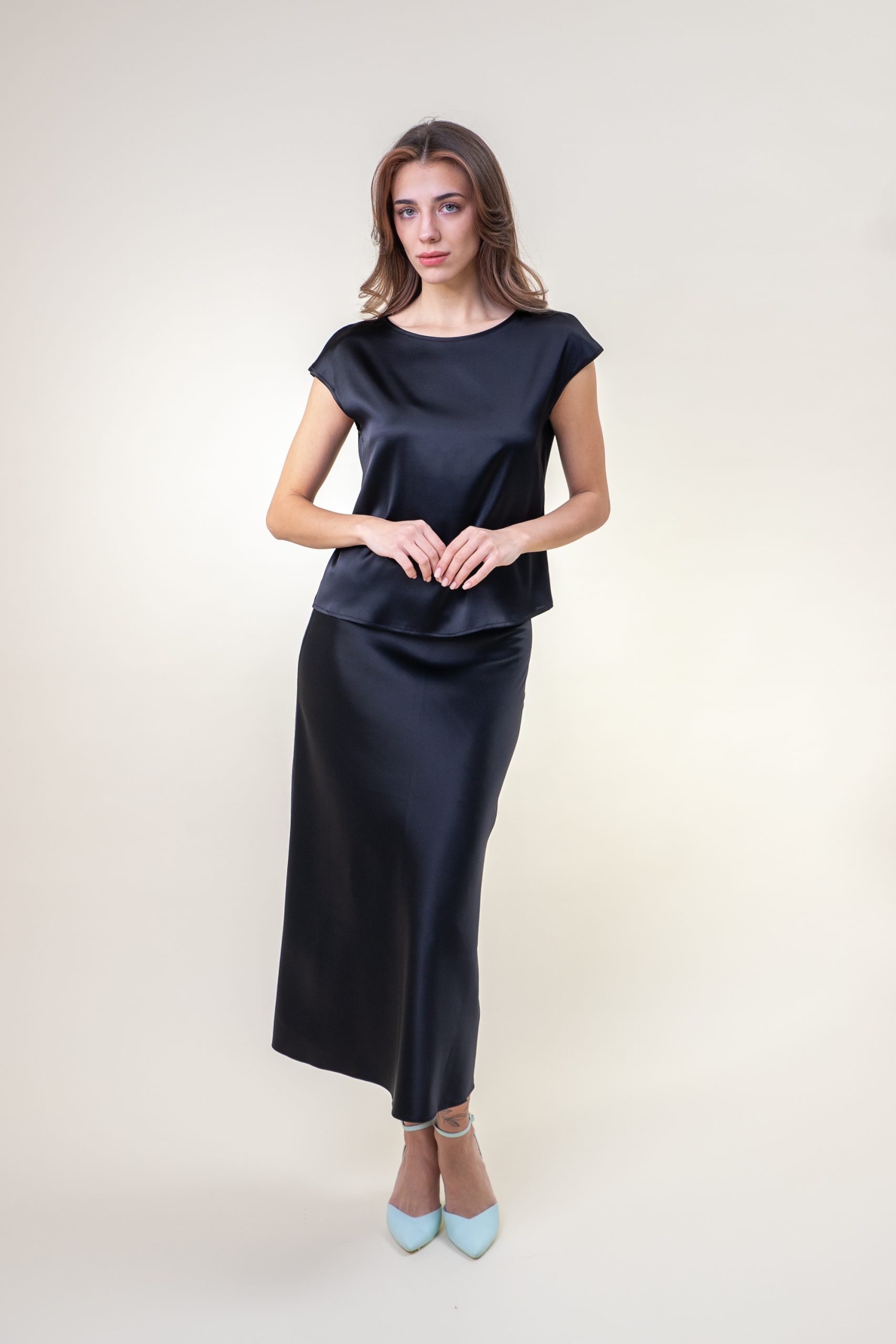 Silk Satin Midi Skirt In Black front view