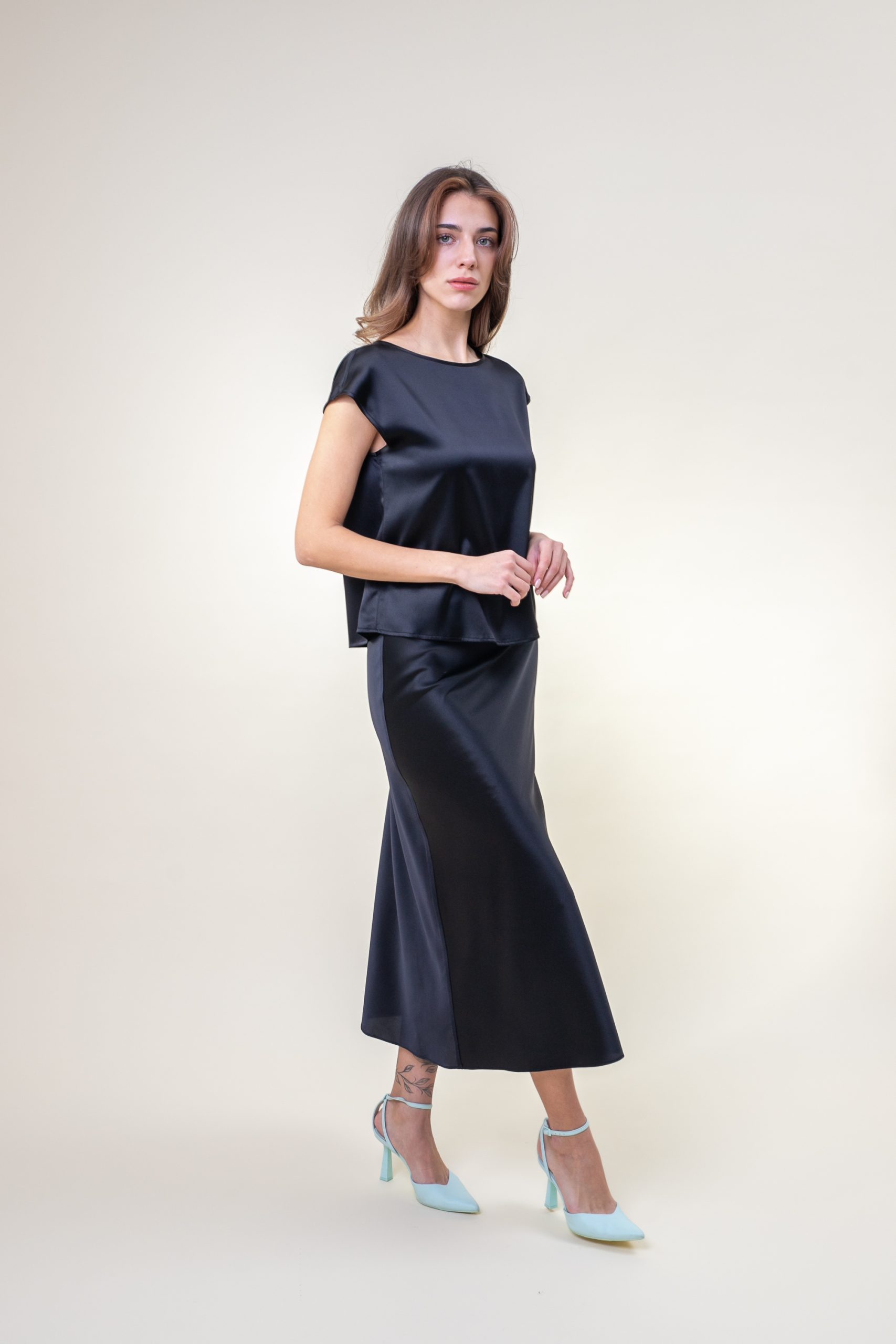Silk Satin Midi Skirt In Black side view