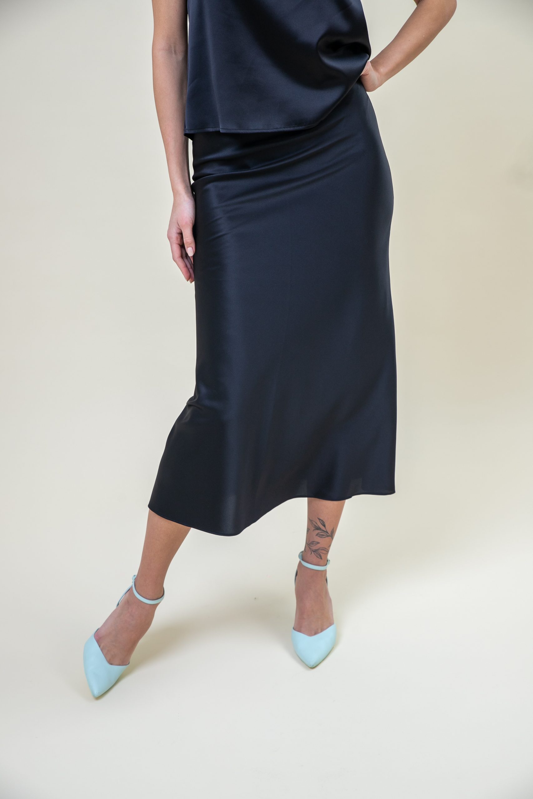 Silk Satin Midi Skirt In Black skirt view