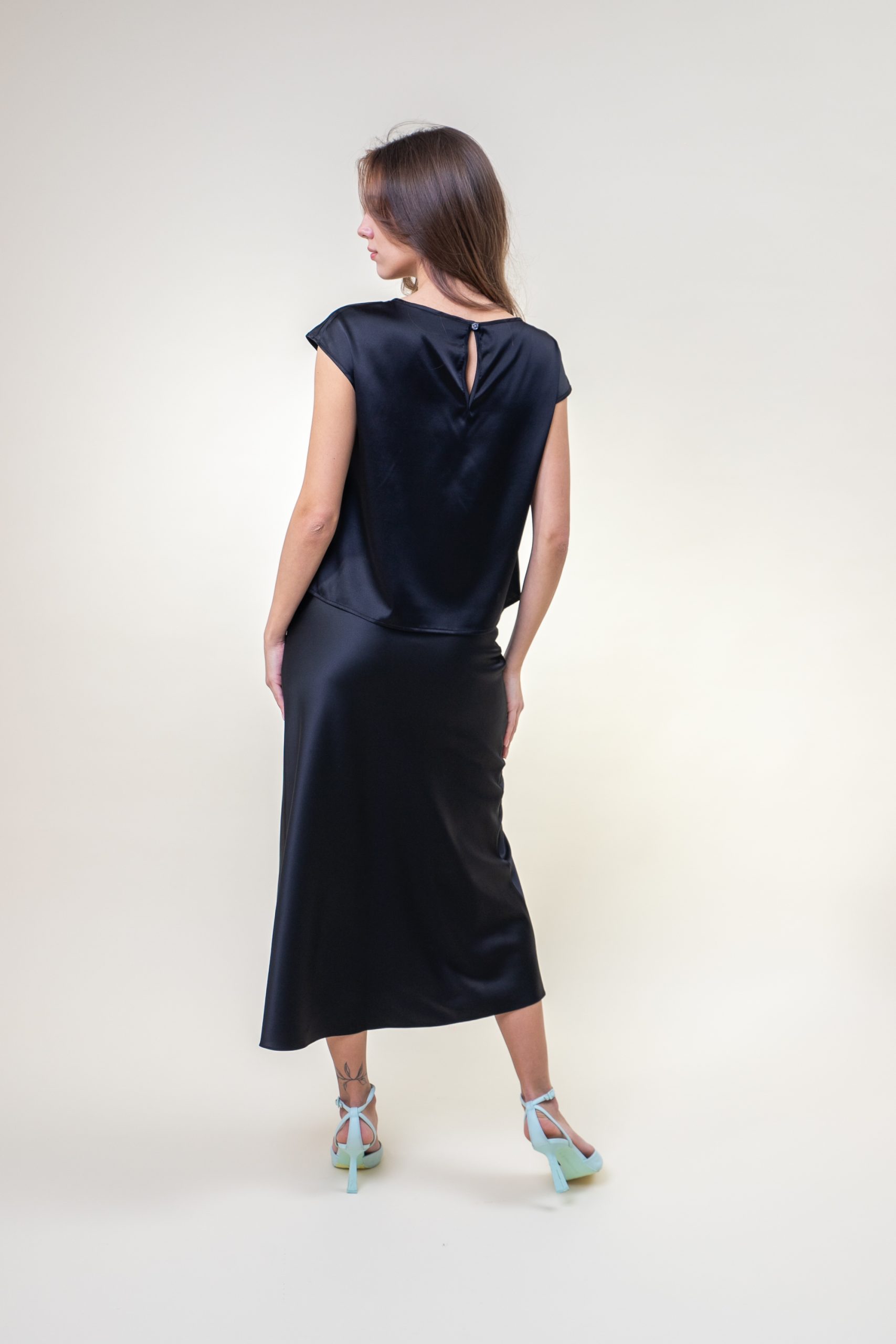 Silk Satin Top In Black back view