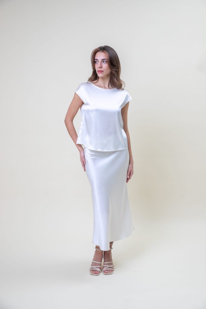 Silk Satin Top In Pearl White front view Silk Satin Top In Pearl White front view