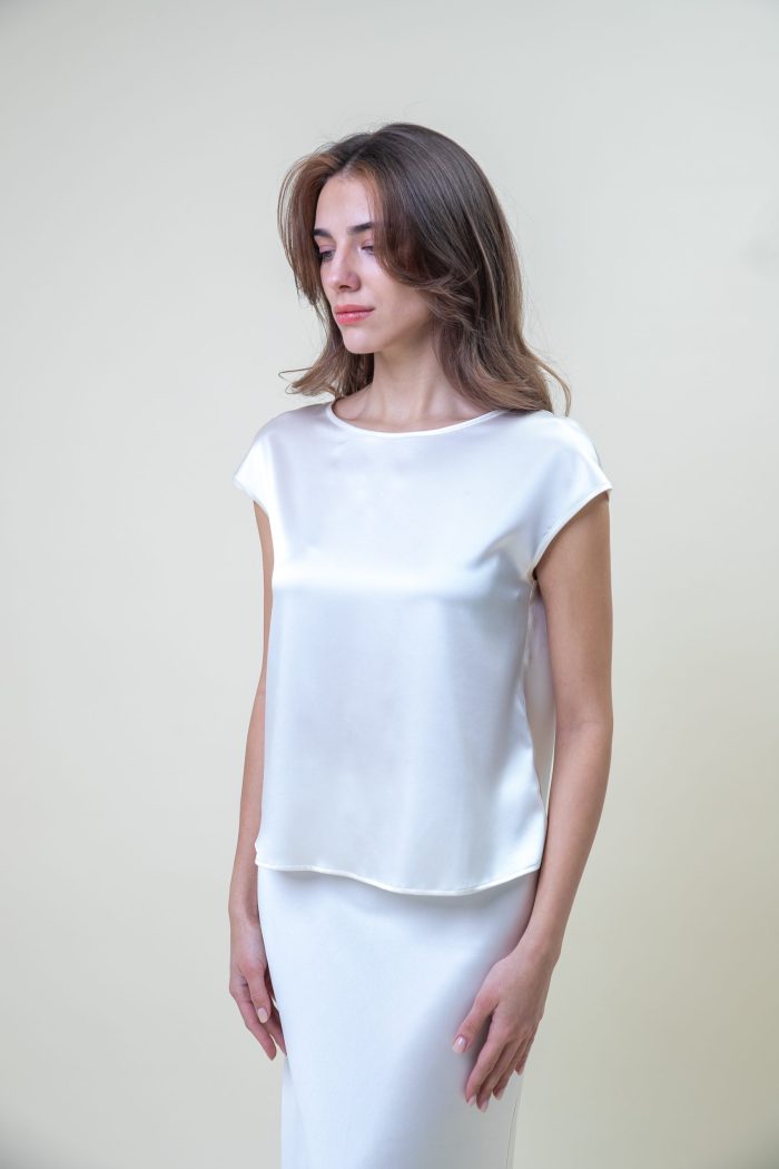 Silk Satin Top In Pearl White side view Silk Satin Top In Pearl White side view