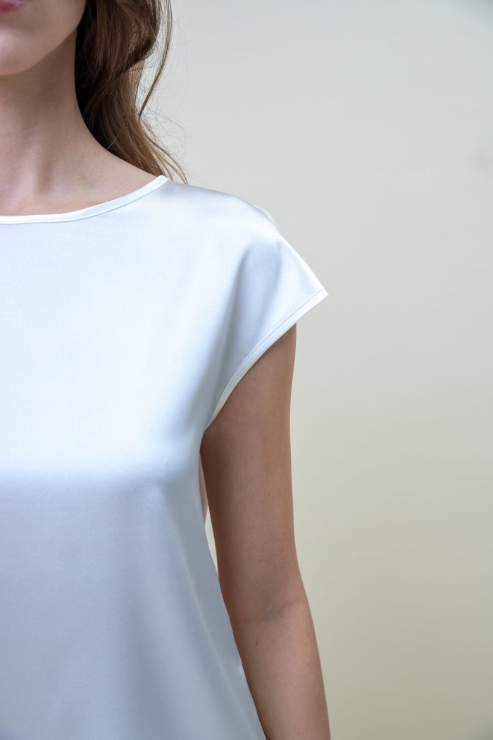 Silk Satin Top In Pearl White sleeve view Silk Satin Top In Pearl White sleeve view