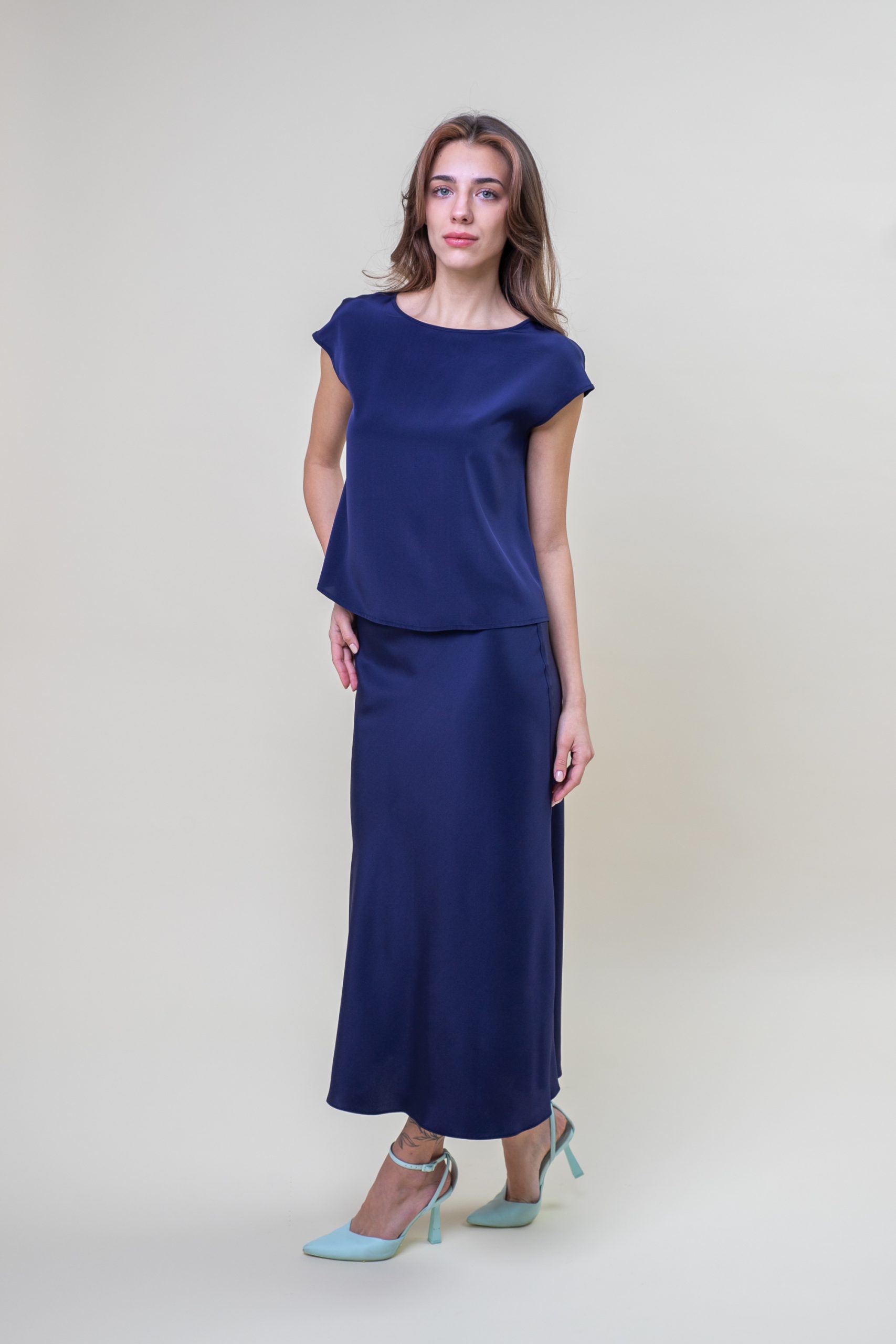 Silk Satin Top In Violette Blue front view