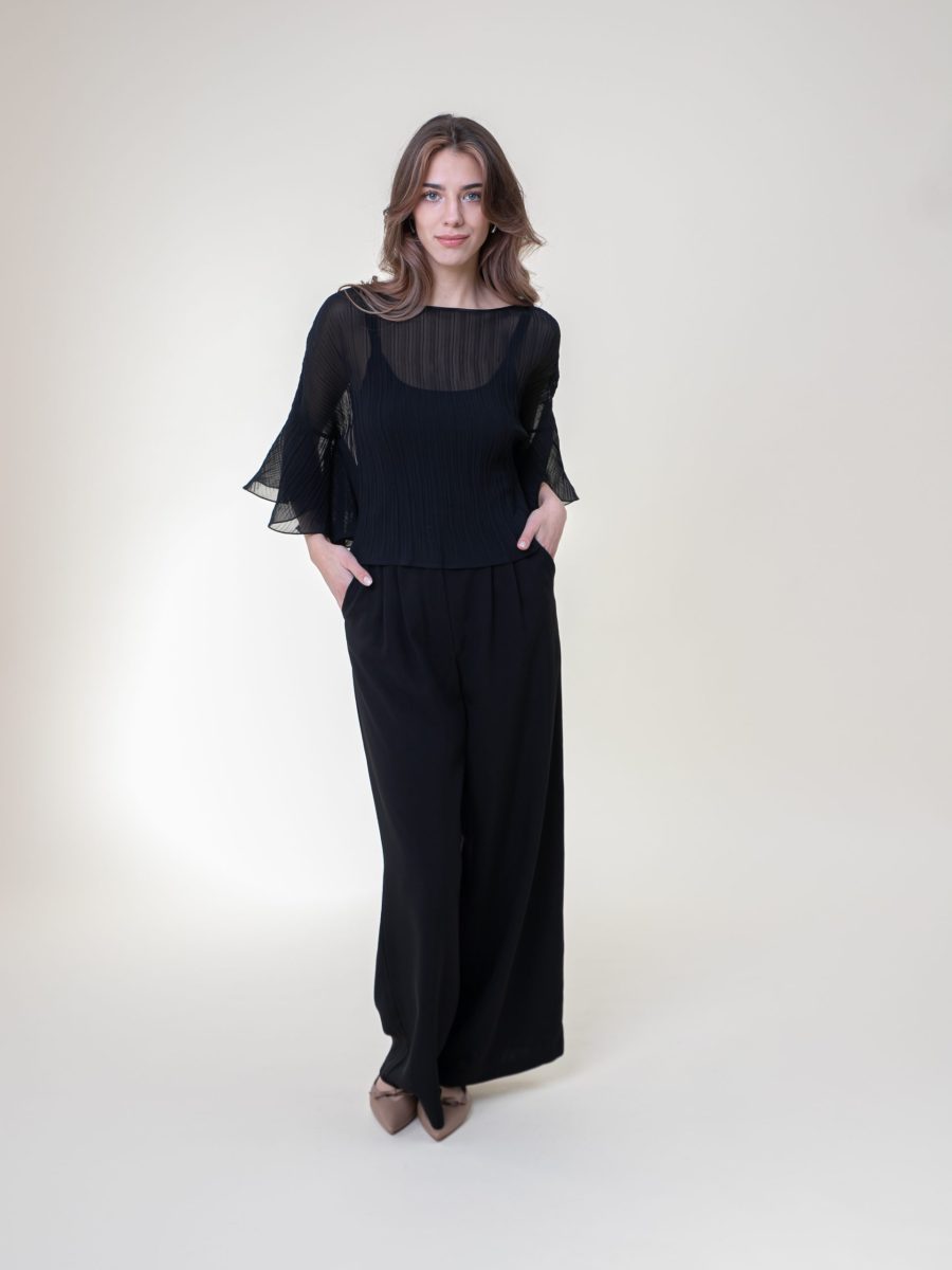 Wide Leg Viscose Trousers Palazzo Black front view