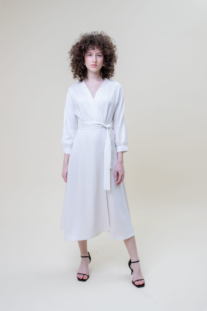 Wrap Viscose Midi Dress Off White front view Wrap Viscose Midi Dress Off White front view