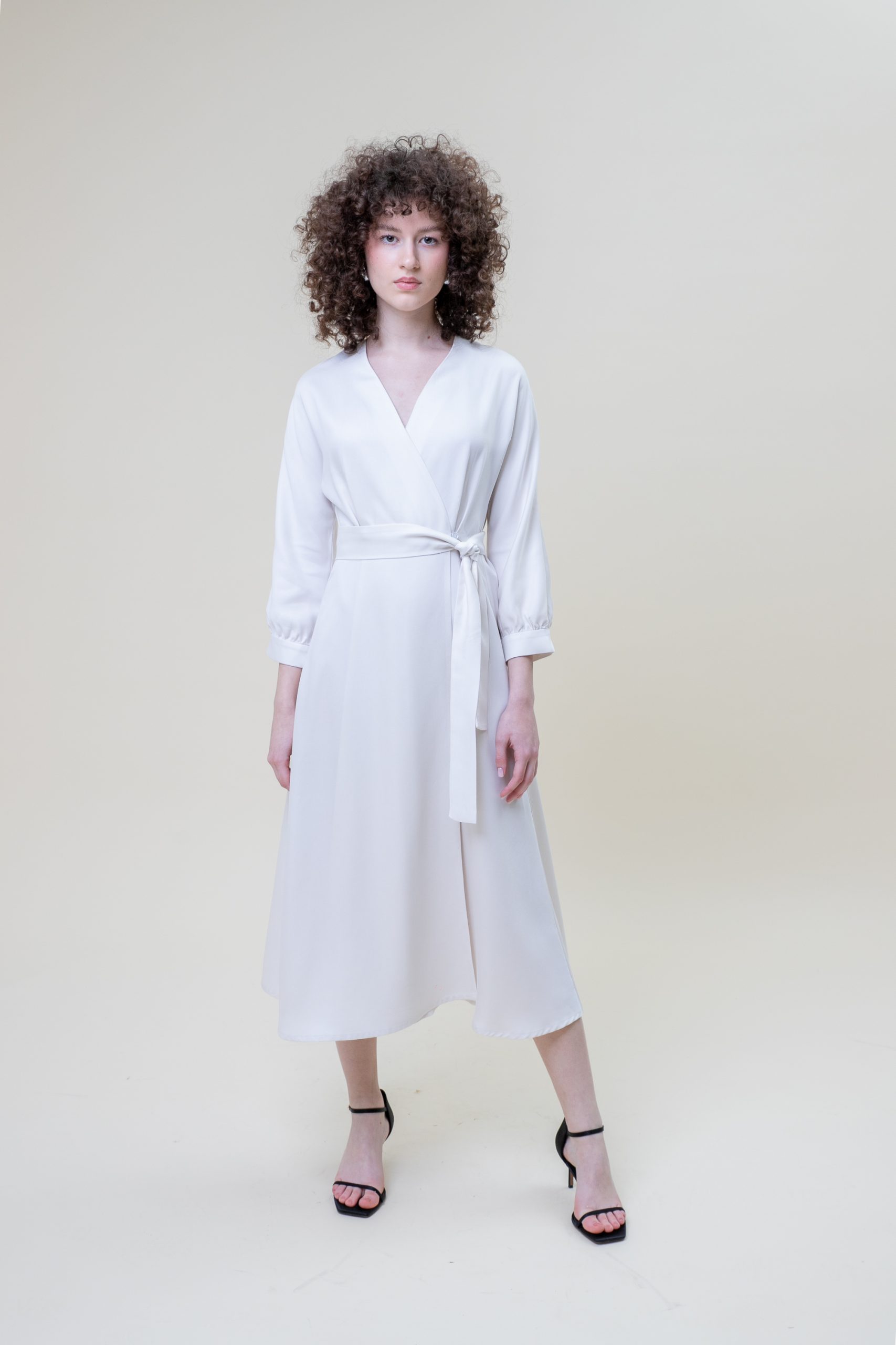 Wrap Viscose Midi Dress Off White front view