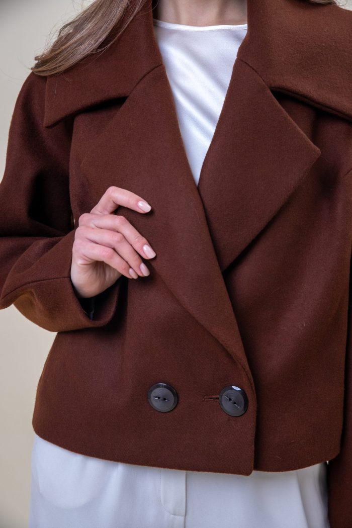 Double Breasted Wool Jacket Brown front zipped closeup view Double Breasted Wool Jacket Brown front zipped closeup view