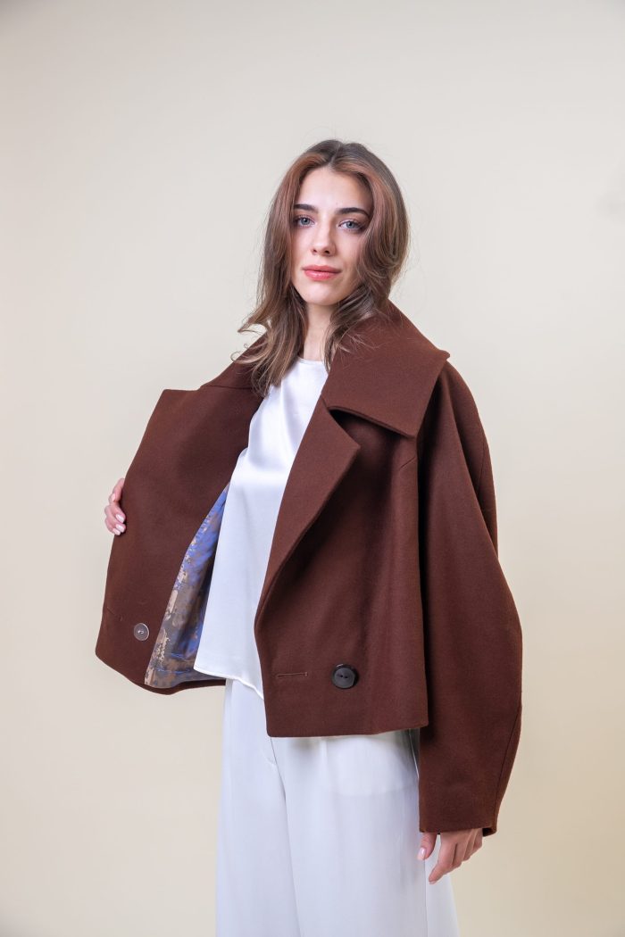 Double Breasted Wool Jacket Brown side unzipped view Double Breasted Wool Jacket Brown side unzipped view