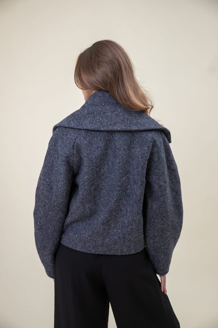 Double Breasted Wool Jacket In Herringbone back view Double Breasted Wool Jacket In Herringbone back view