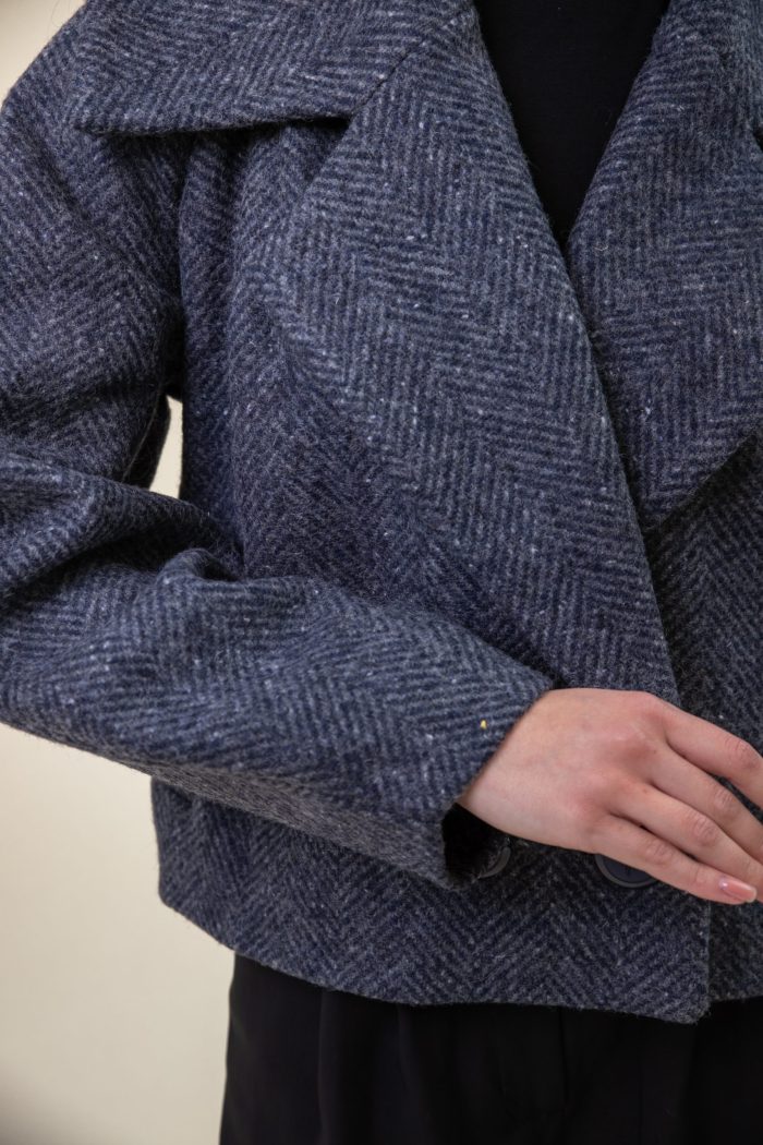 Double Breasted Wool Jacket In Herringbone sleeve view Double Breasted Wool Jacket In Herringbone sleeve view