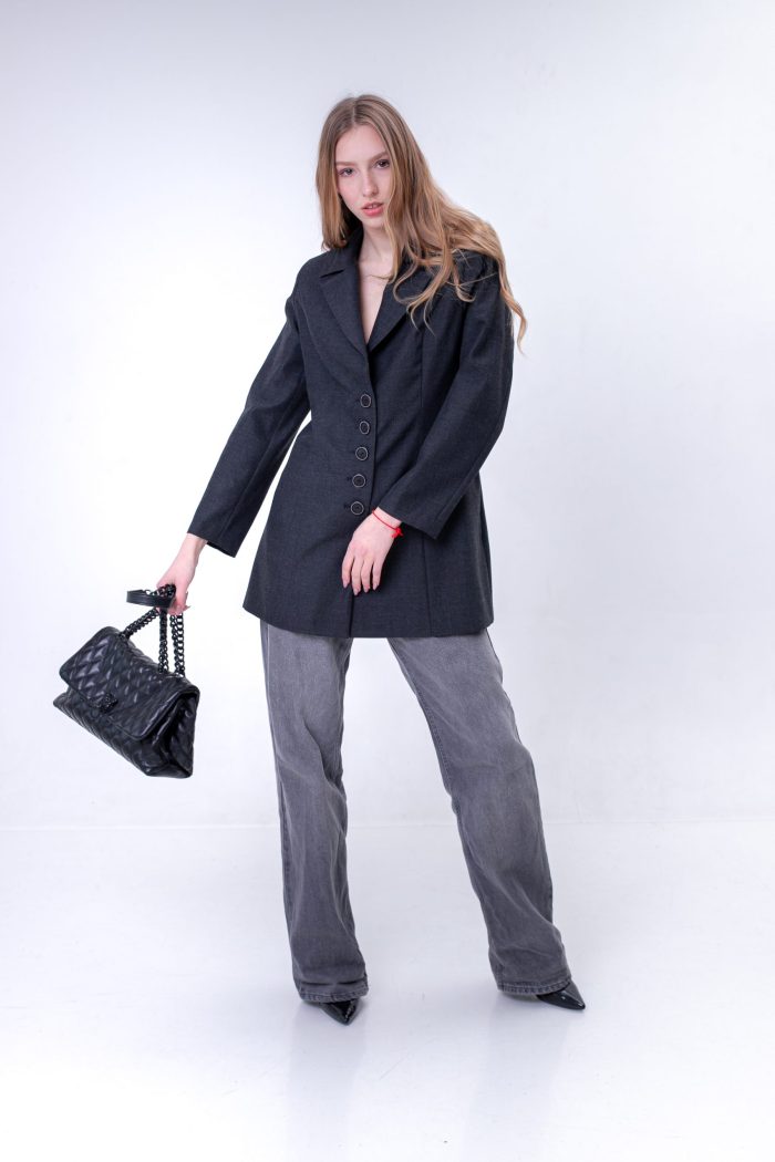 Long Fitted Single Breasted Blazer In Grey front bag view.jpg Long Fitted Single Breasted Blazer In Grey front bag view.jpg