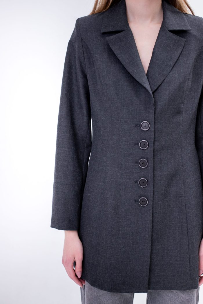 Long Fitted Single Breasted Blazer In Grey front closeup view.jpg Long Fitted Single Breasted Blazer In Grey front closeup view.jpg