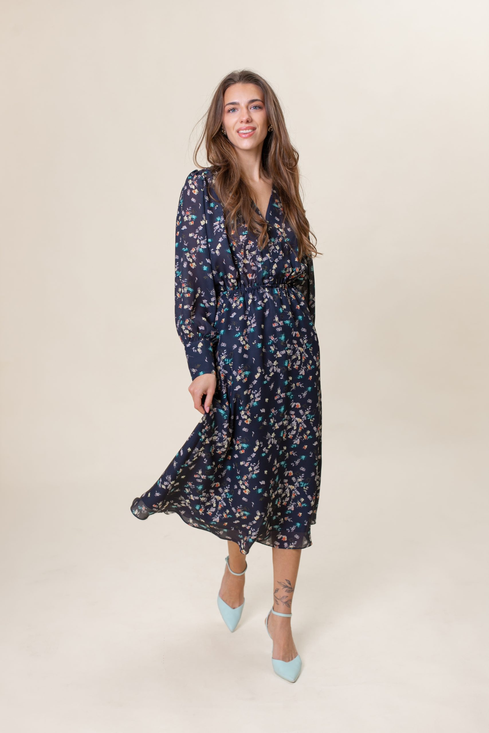 Navy Floral Silk Midi Dress