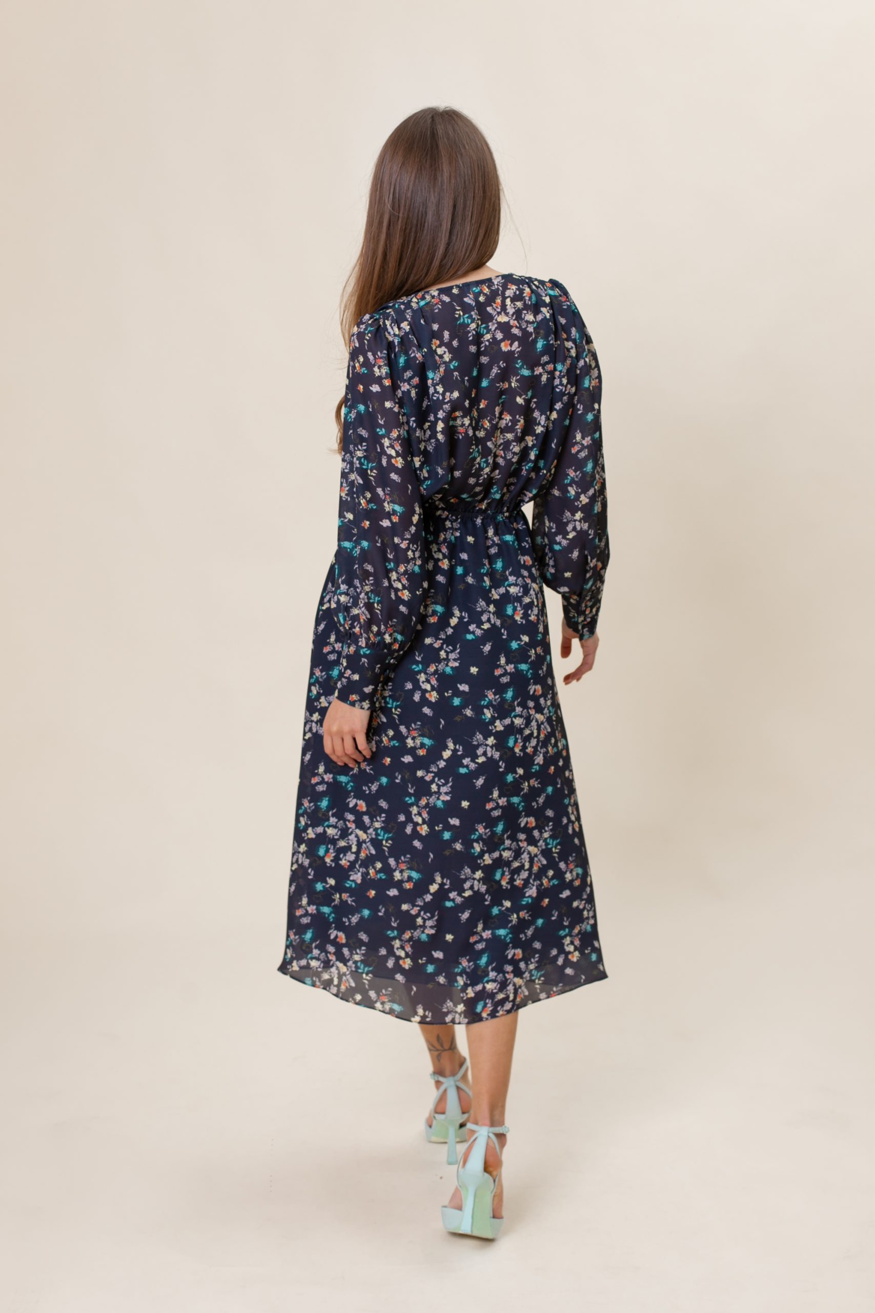 Navy Floral Silk Midi Dress