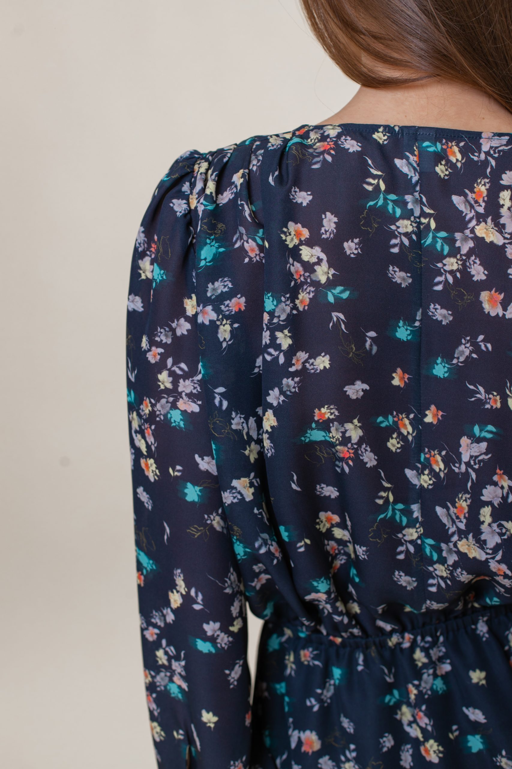 Navy Floral Silk Midi Dress